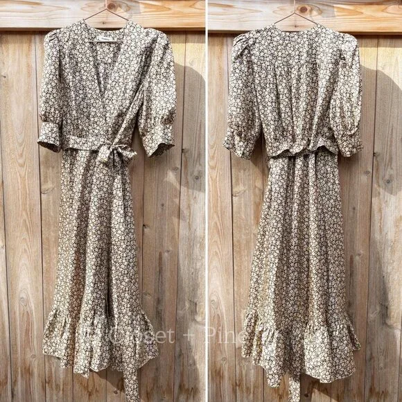 Sandro Enrika Floral Midi Dress Size 38 FR US Size 6 Beige Silk Wrap Dress - Picture 3 of 17